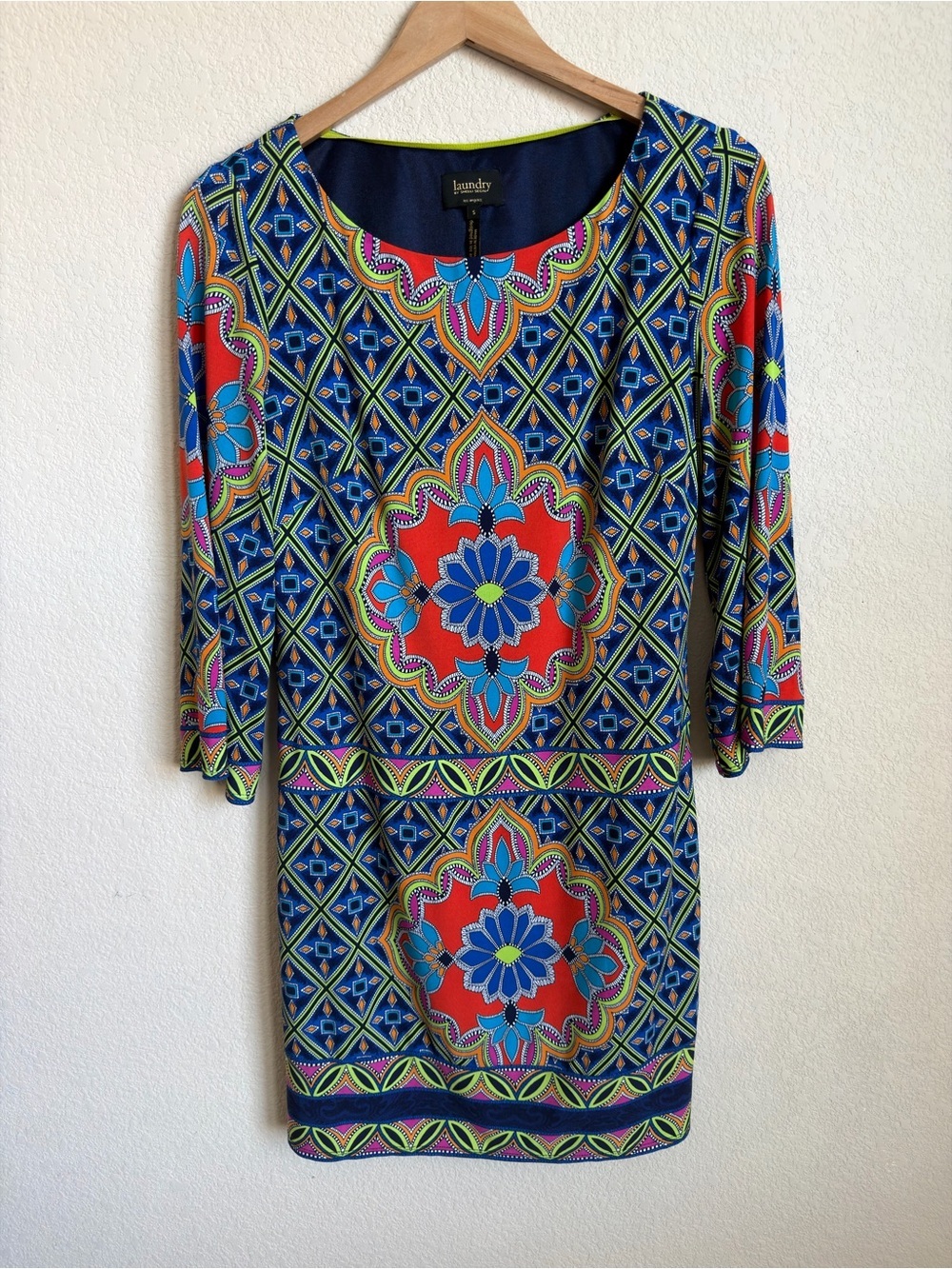 Laundry by Shelli Segal Shift Dress Small Blue Geometric Floral 3/4 Sleeve Lined
